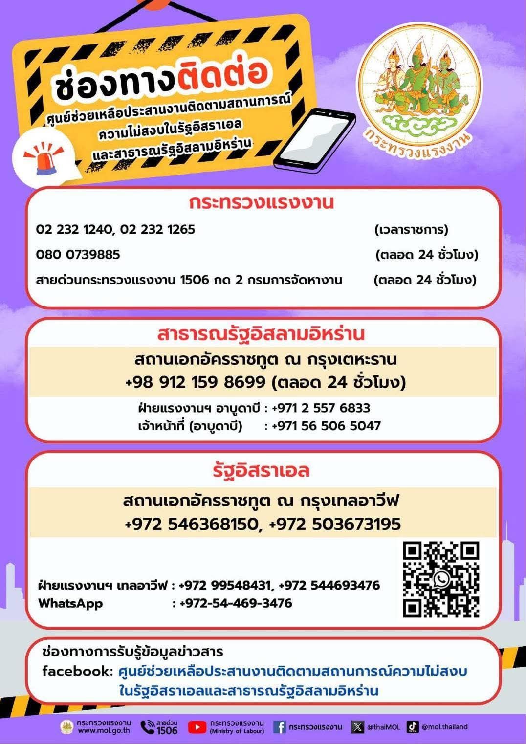 ช่องทางการติดต่อ ศูนย์ช่วยเหลือประสานงานติดตามสถานการณ์ความไม่สงบในรัฐอิสราเอล และสาธารณรัฐอิสลามอิหร่าน